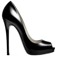 A sleek, black high heel pump stands elegantly against a transparent background, showing a modern shoe design and reflecting light. png