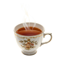 A steaming cup of tea sits elegantly, showcasing its rich color and floral design against a transparent background. png