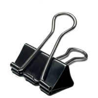 Two binder clips are stacked against a simple transparent background, casting reflections and highlighting their metal construction. png