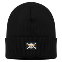 Black beanie showcasing a skull and crossbones emblem evokes a playful and edgy style for fans of anime and manga, transparent background png