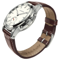 Elegant wristwatch showcases its design, featuring a silver casing, white face, and brown leather strap against a stark transparent background. png
