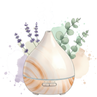 Aromatherapy diffuser with lavender and eucalyptus branches creates a relaxing, calming environment perfect for spa, yoga, and wellness, transparent background png