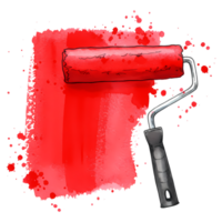 Red paint roller illustration with watercolor texture on a transparent background creates a bold and artistic design element. png