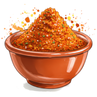 An illustration of a terracotta bowl filled with vibrant red and orange spice blend, with a splatter design adding a dynamic touch, transparent background png