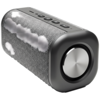 Modern portable speaker with a gray woven fabric texture and sleek black casing, perfect for audio enthusiasts and tech promotions, transparent background png