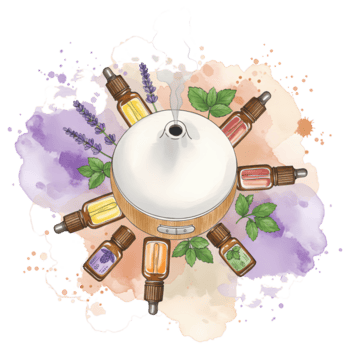 difusor con esencial aceites y acuarela chapoteo Arte crea un relajante y aromático atmósfera para aromaterapia y bienestar, transparente antecedentes png