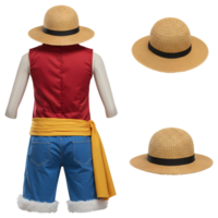 A vibrant cosplay outfit features a red vest, blue shorts, straw hat, and yellow sash, perfect for fans or themed events, transparent background png