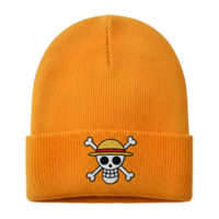 Orange Beanie with One Piece Straw Hat Pirates Logo on Transparent Background. png