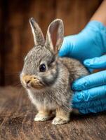 Veterinarian Gently Examines a Rabbit With Soft Gloves in a Warm and Inviting Environment photo