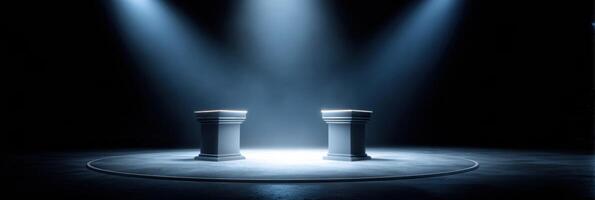 Empty Political Debate Stage Illuminated by Spotlights Awaiting Participants for an Engaging Discussion on Key Issues Facing the Nation photo