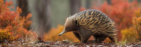 Spiny Echidna Foraging Through Colorful Woodland During a Warm Autumn Day Amidst Vibrant Foliage photo