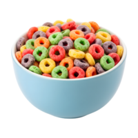 A blue bowl is filled with colorful fruit cereal rings, offering a sweet and vibrant breakfast option, isolated on transparent background png