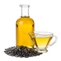 A bottle and pitcher of yellow sunflower oil stand beside a pile of black sunflower seeds isolated on transparent background png