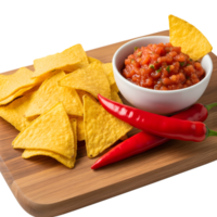 A bowl of fresh salsa with tortilla chips and red chili peppers on a wooden board isolated on transparent background png