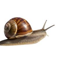A brown garden snail slowly crawls, its spiral shell contrasting against a plain transparent background, showcasing its natural beauty png