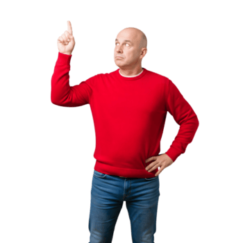 un' Calvo uomo nel un' rosso maglione è puntamento su mentre isolato su trasparente sfondo png