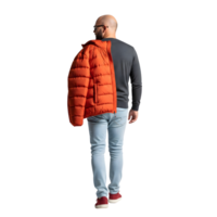 A bald man with a beard walks away with an orange puffer jacket slung over his shoulder, isolated on transparent background png