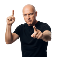 A bald man points directly at the viewer with a serious expression, isolated on transparent background png