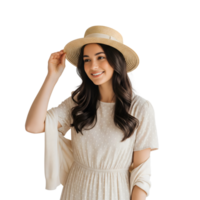 A beautiful woman in a straw hat smiles joyfully, posing elegantly against a transparent background in a studio fashion portrait png