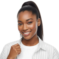 A beautiful young black woman with a ponytail smiles confidently at the camera, isolated on transparent background png