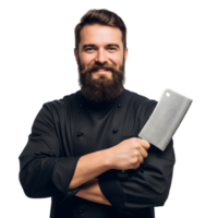 A bearded chef in a black uniform holds a cleaver isolated on transparent background png