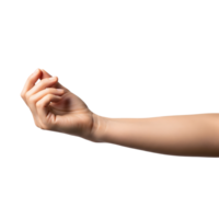 A closeup of a caucasian womans hand and arm reaching out with an open palm against a transparent background png