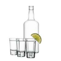 A clear tequila bottle stands behind three shot glasses with a lime wedge, isolated on transparent background png