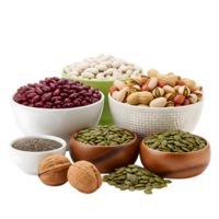 A colorful assortment of nuts, seeds, and beans in bowls isolated on transparent background, showcasing healthy eating png