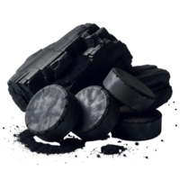 A close up of activated charcoal pieces and powder isolated on a transparent background, used for beauty and health products png