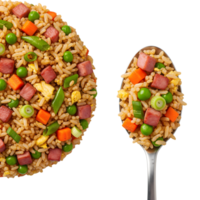 A closeup studio shot of a portion of fried rice with ham, peas, and carrots on a spoon, isolated on a transparent background png