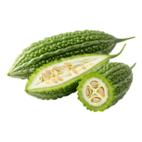 A closeup studio shot showcases the vibrant green texture and sliced crosssection of bitter melon against a transparent background png
