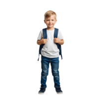 A cheerful little boy with a backpack is standing isolated on transparent background png