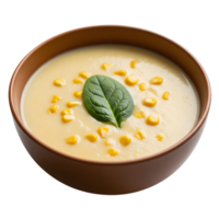 A creamy bowl of corn soup is garnished with a fresh spinach leaf, creating a comforting and healthy meal option isolated on transparent background png