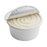 A container of creamy white cream cheese with a silver foil lid partially opened, isolated on transparent background png