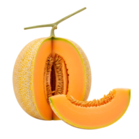A cantaloupe melon is cut open with a slice isolated on transparent background png