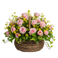 A charming basket filled with pink roses and yellow flowers, isolated on transparent background png