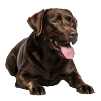 A charming chocolate labrador retriever puppy is lying down, looking directly at the camera with its tongue playfully sticking out isolated on transparent background png