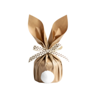 A cute easter bunny gift wrapped in brown paper with polka dot ribbon isolated on transparent background png
