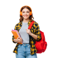 A cheerful student with headphones, a backpack, and books smiles while isolated on transparent background png