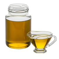 A clear glass jar and a small pitcher filled with golden olive oil stand on a white surface, ready for culinary use isolated on transparent background png