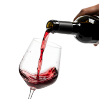 A darkskinned hand pours red wine from a black bottle into a clear glass, creating a splash, isolated on transparent background png