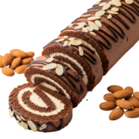 A delectable chocolate swiss roll cake is sliced and garnished with almonds, presented against a transparent background, tempting the viewer png
