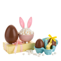 A delightful easter arrangement features chocolate eggs, a marshmallow bunny, and pastel gifts isolated on transparent background png