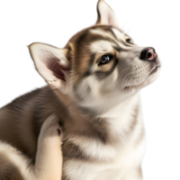 A fluffy siberian husky puppy is scratching its neck with its paw while looking up, isolated on transparent background png