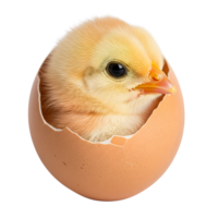 A fluffy yellow chick is hatching from a cracked brown egg, isolated on transparent background png