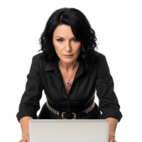 A focused brunette woman in a black shirt is working on her laptop, isolated on transparent background png