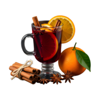 A glass of mulled wine with orange slices, cinnamon sticks, and star anise is isolated on transparent background png