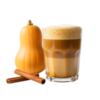 A glass of pumpkin spice latte sits beside a butternut squash and cinnamon sticks isolated on transparent background png