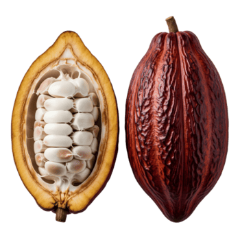 A halved cocoa pod reveals its white beans, while a whole pod with a reddishbrown hue sits beside it, both isolated on a transparent background png
