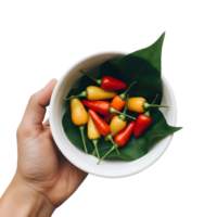 A hand holding a bowl of colorful chili peppers isolated on transparent background png